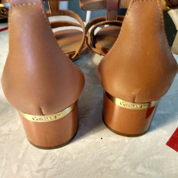 Calvin Klein Divina Heeled Sandals Gold Stud Accent Ankle T Strap Size 8.5 - Picture 3 of 8